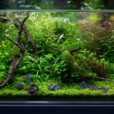 Bepflanztes Suesswasseraquarium mit Wasserpflanzen, Wurzeln und Steinen